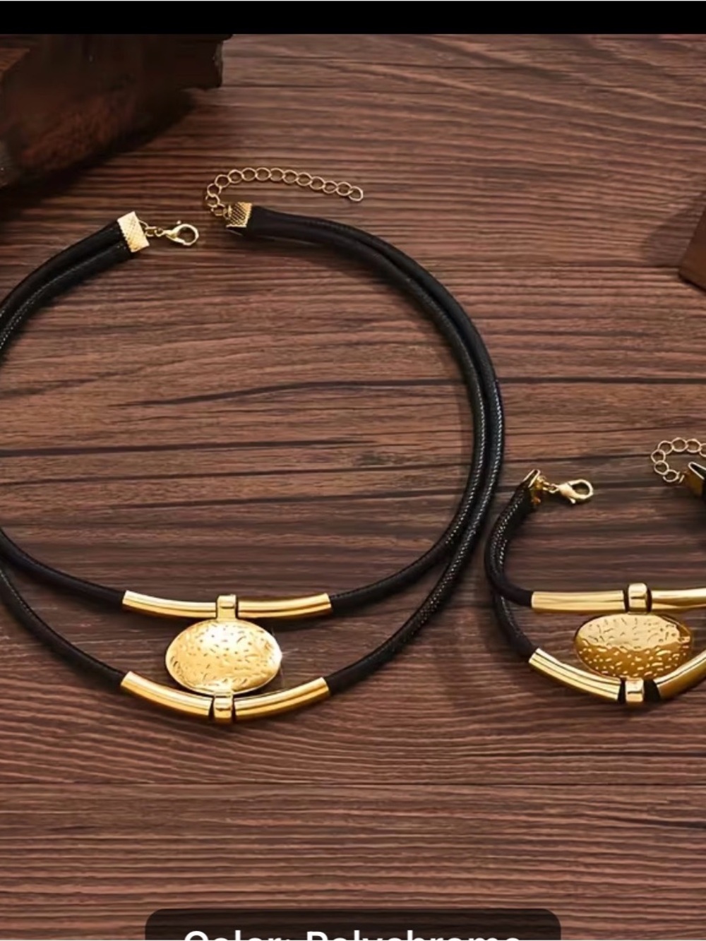 Gold-Accent Black Double Strand Necklace and Bracelet Set
